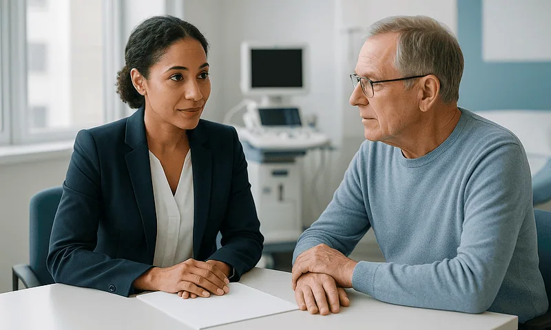 Doctor consulting with an elderly male patient in a medical office.
