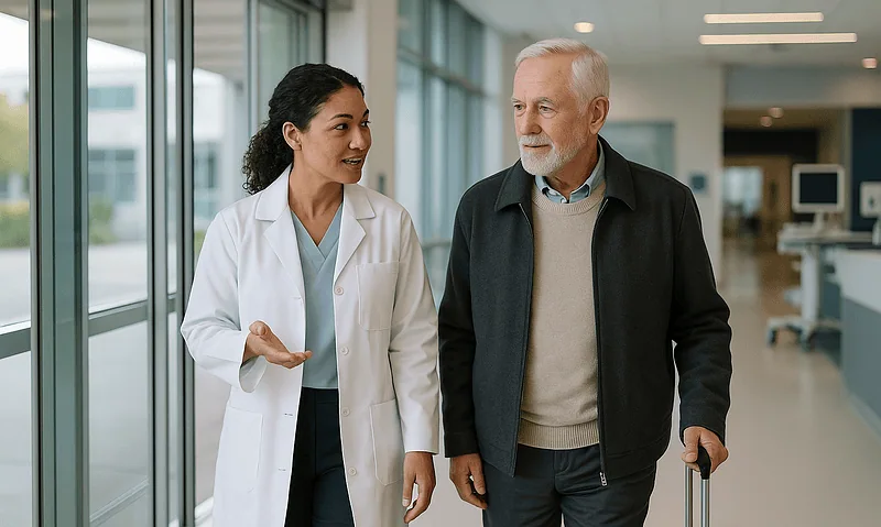 Doctor and senior male patient talking in hospital corridor.