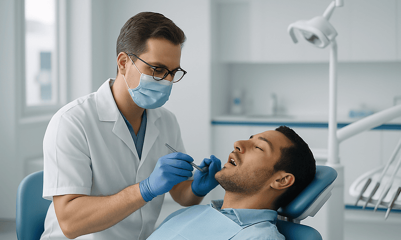 Dentist performing oral examination on patient in dental clinic.