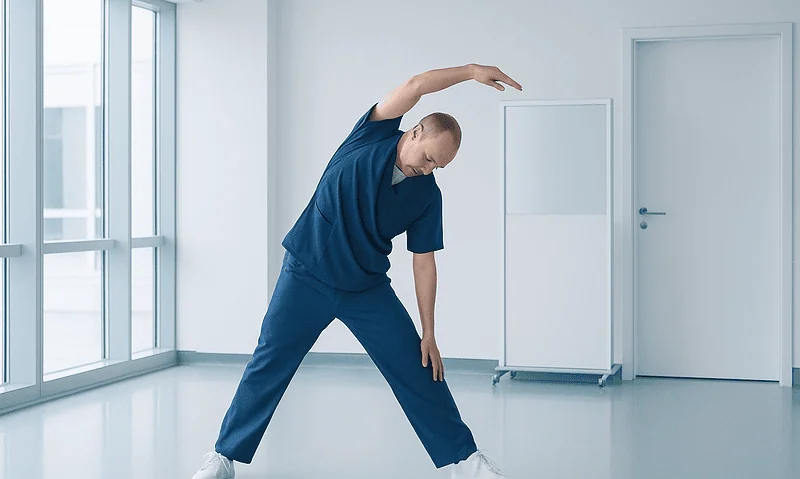 Person stretching in a modern medical facility or clinic.