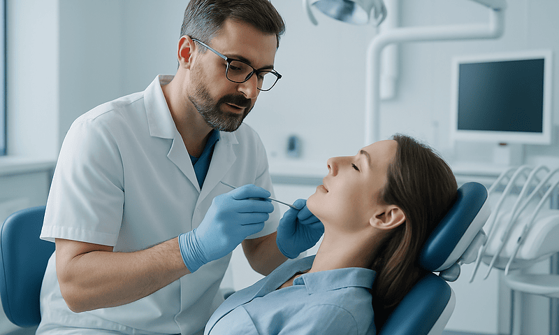 Dentist performing dental examination on a patient in a clinic.