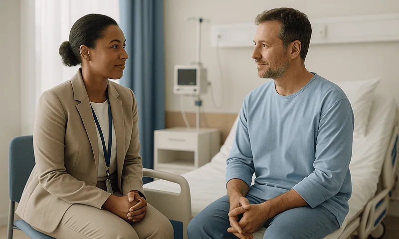 Doctor consulting with patient in hospital room at Acibadem Hospitals Group.