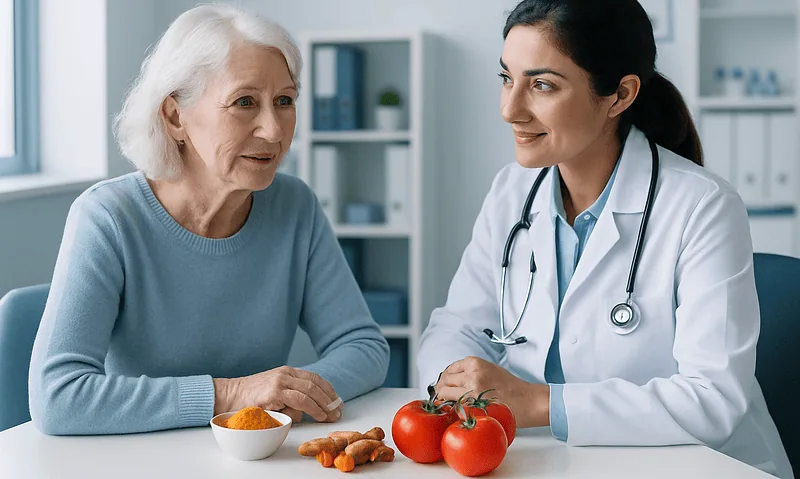 Doctor consulting elderly woman about health with tomatoes and turmeric on table.