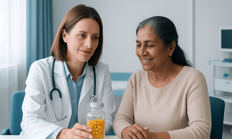 Doctor consulting with an elderly patient in a medical office.