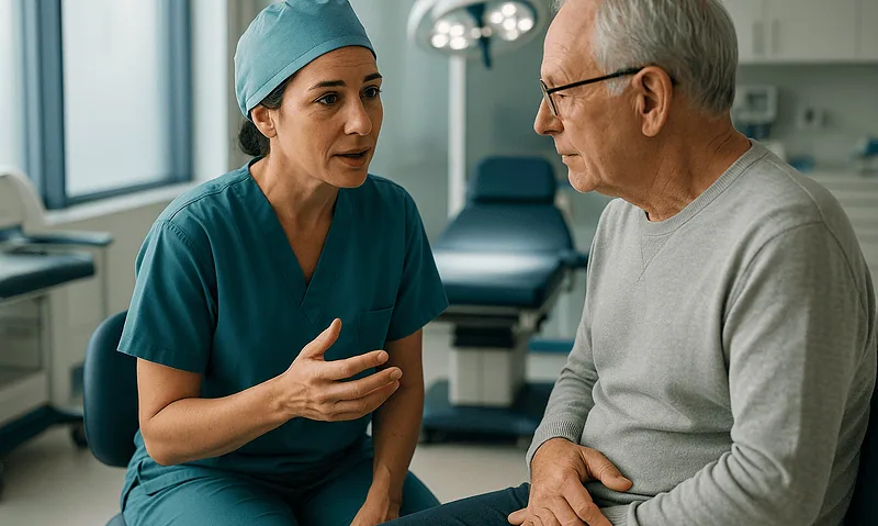 Urologist consulting with an elderly male patient in a hospital room.