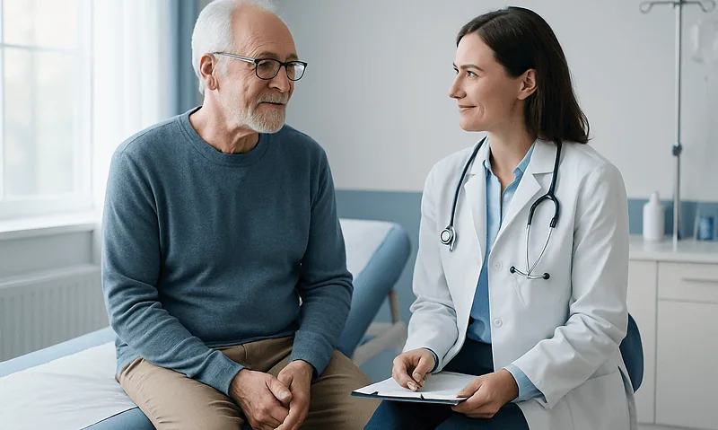 Urologist consulting with an elderly male patient in a hospital room.