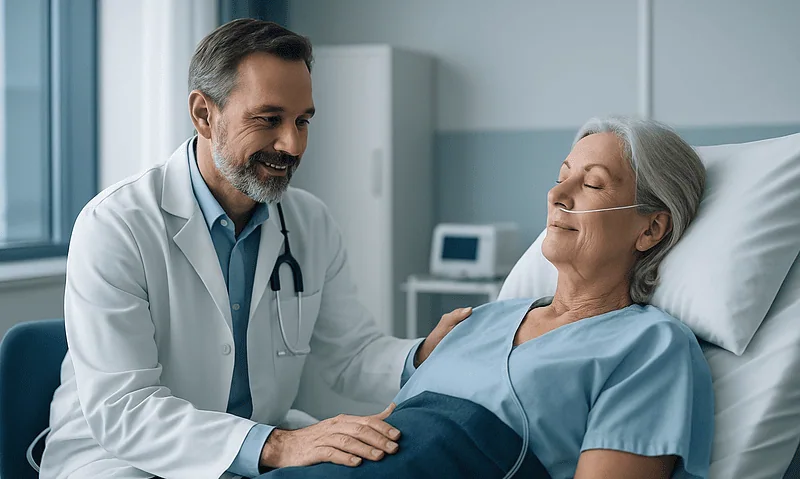Doctor consulting with an elderly patient in hospital bed.