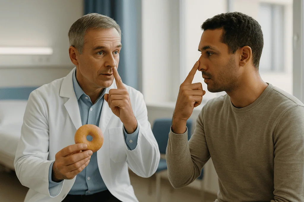Doctor holding donut, discussing nutrition with patient: Two doors into the skull: the keyhole and the nose