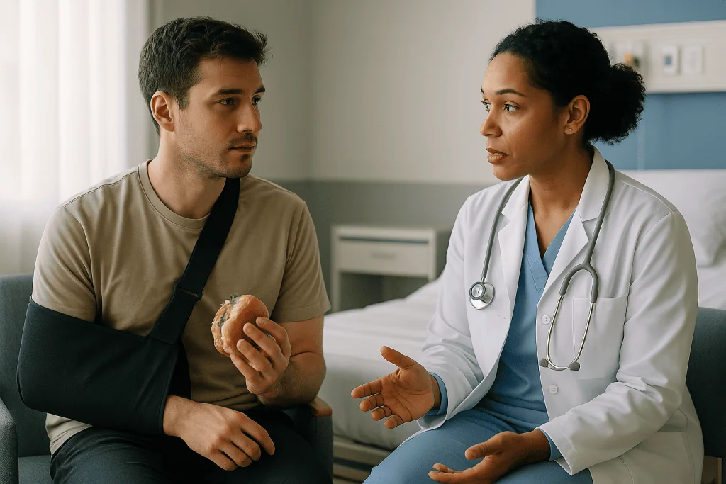 Doctor consulting patient with arm injury in clinic: Two kinds of trauma: why this word confuses search results