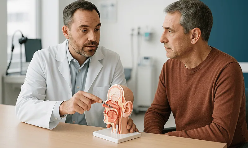 Doctor explaining ear anatomy to patient with tympanic membrane perforation model.