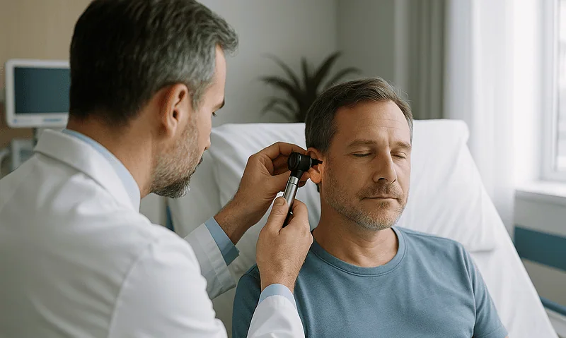 ENT specialist examines patient's ear in a clinical setting.