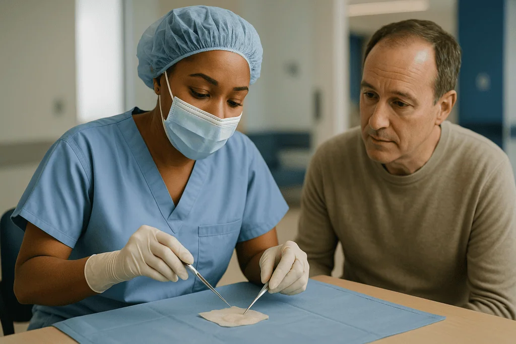 Healthcare worker examining patient sample at desk: Tympanoplasty procedure step by step: harvesting the graft