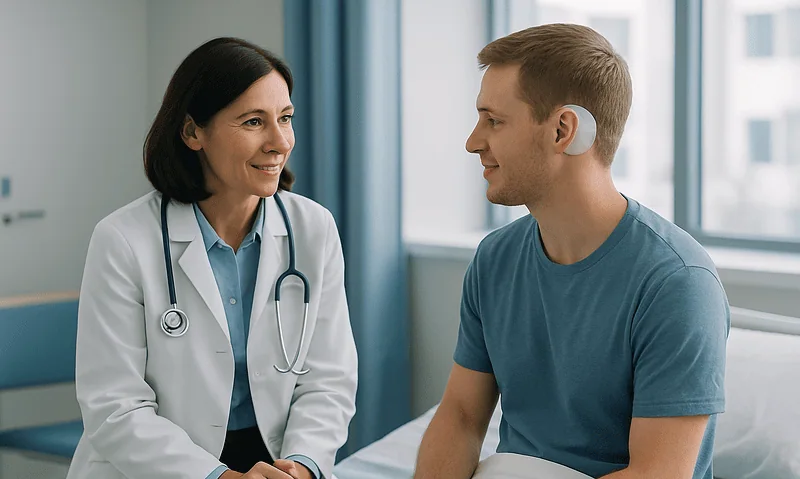 Doctor consulting with a young male patient in a hospital room.