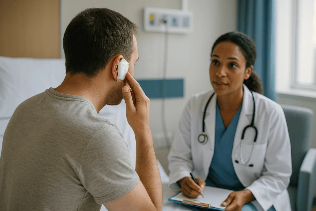 Doctor consulting patient about ear or hearing issue: Tympanoplasty recovery time: what the first weeks usually look like