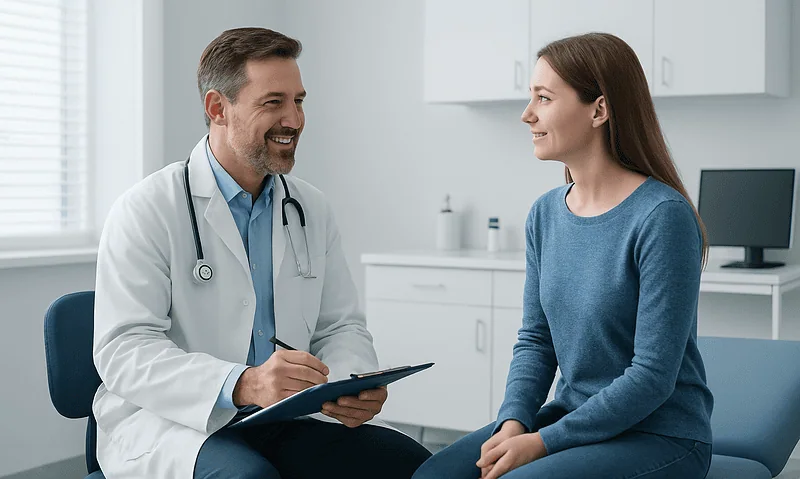Doctor consulting with a young female patient in a medical office.