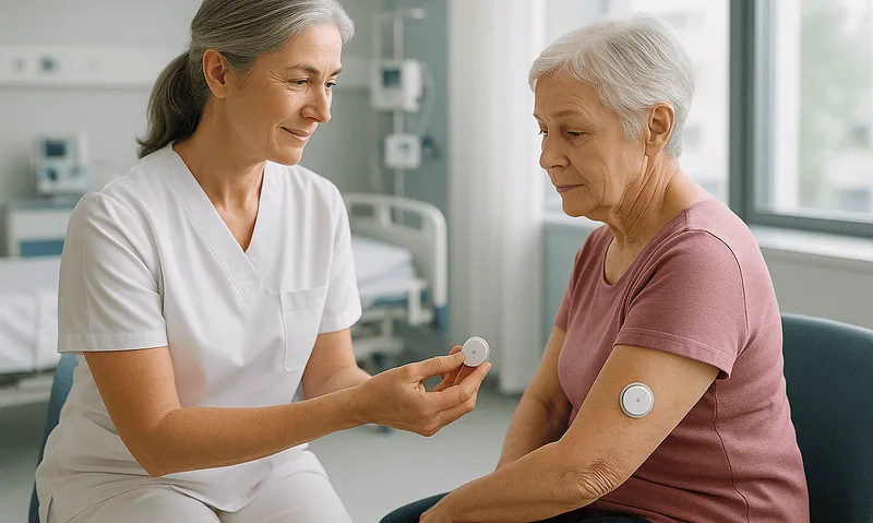 Nurse checks blood sugar level of elderly woman with diabetes in hospital.