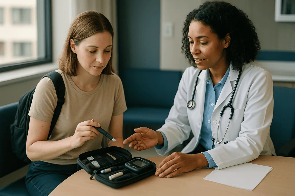 Doctor consulting patient about diabetes management and supplies: Type 1 diabetes travel checklist: supplies, storage and sp