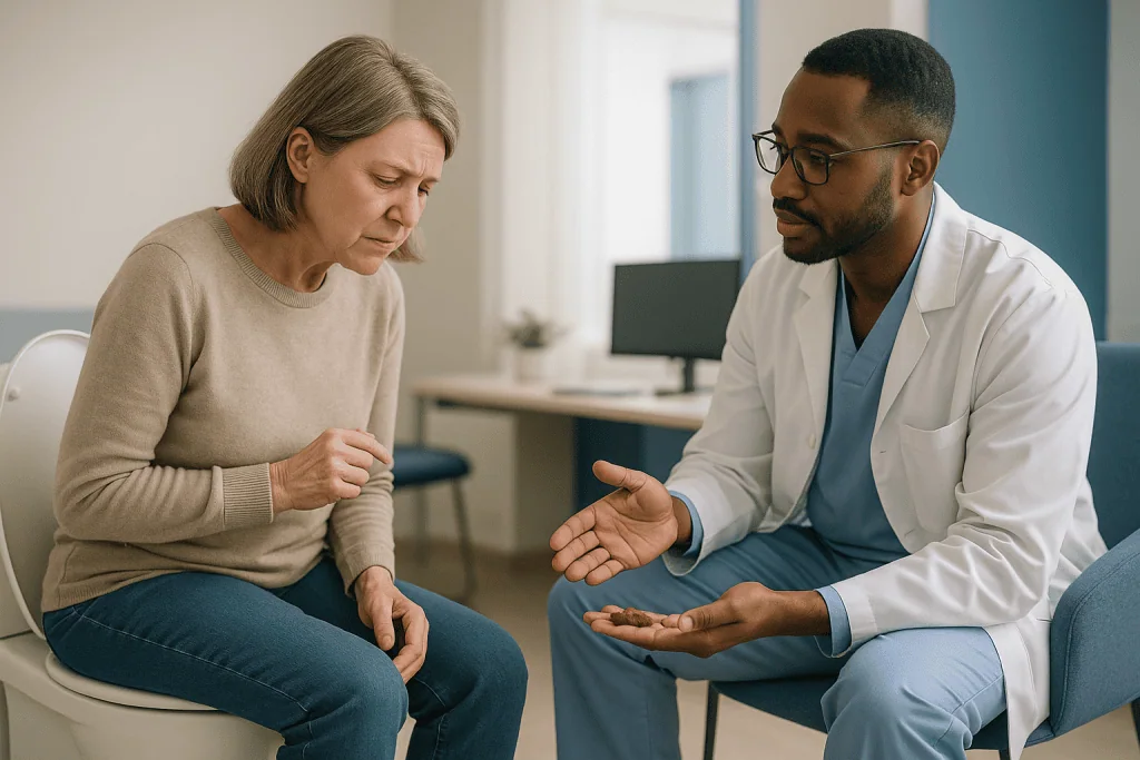 Doctor consulting with middle-aged female patient in clinic: Type 1 stool meaning: why hard pellets happen