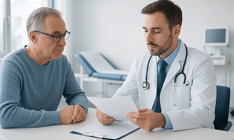 Doctor consulting with an elderly patient in a medical office.