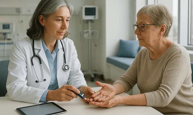 Doctor checking blood sugar levels of an elderly woman in a hospital setting.