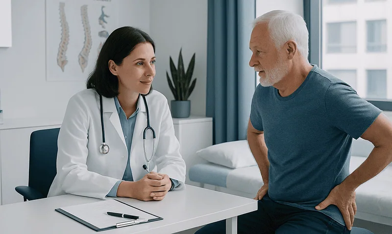 Doctor consulting with an elderly male patient in a modern clinic setting.