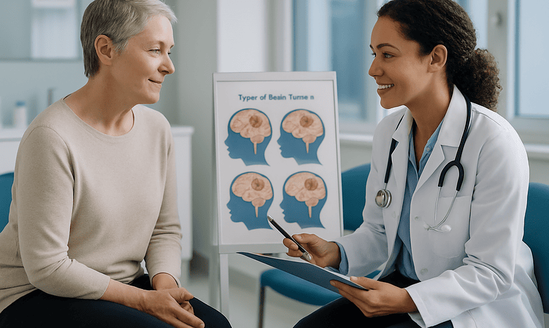 Doctor discussing brain tumor types with an elderly patient in a clinic.