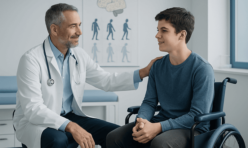 Doctor consulting with a young male patient in a wheelchair in a medical office.