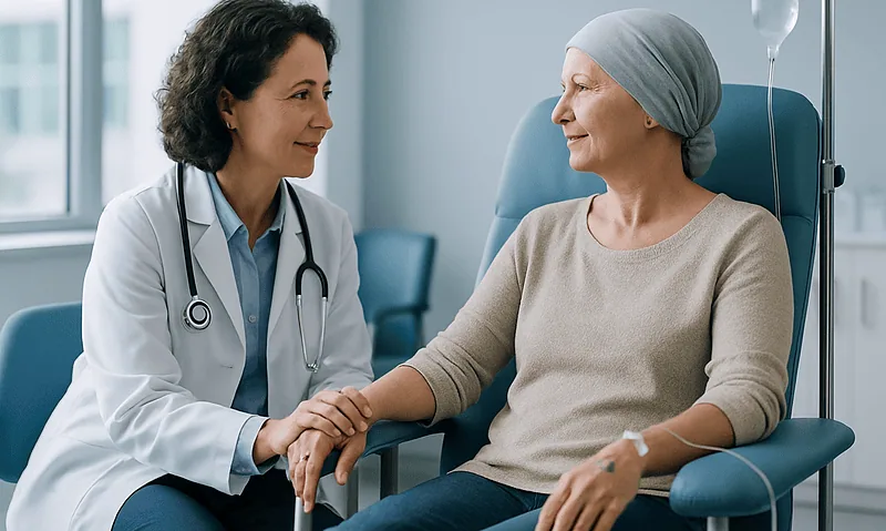 Compassionate doctor talking to a patient undergoing chemotherapy treatment.