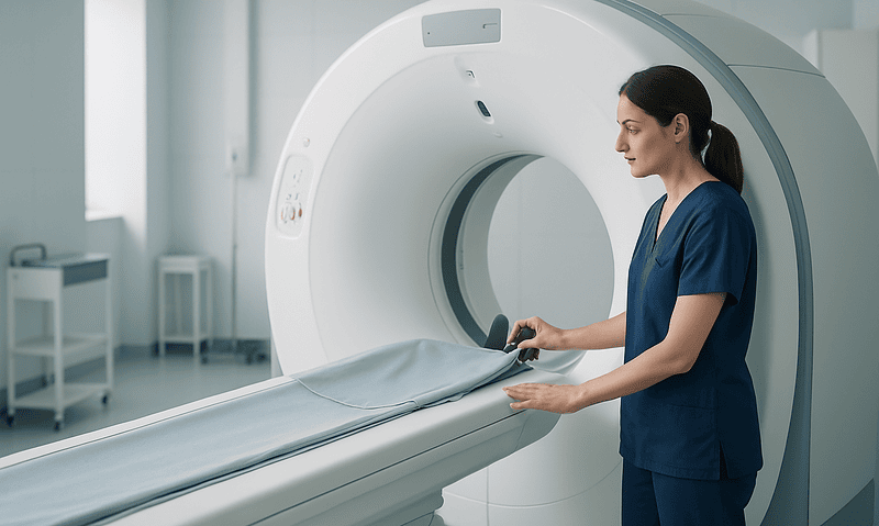 Medical professional preparing a CT scan in a modern hospital setting.