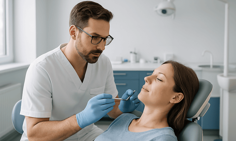 Dentist examining patient's teeth in a dental clinic.