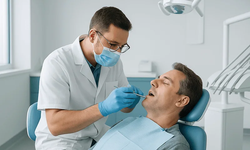 Dentist performing oral examination on patient in dental clinic.
