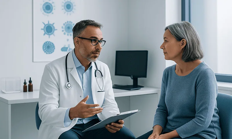 Doctor consulting with a patient about immunotherapy treatments in a clinic.
