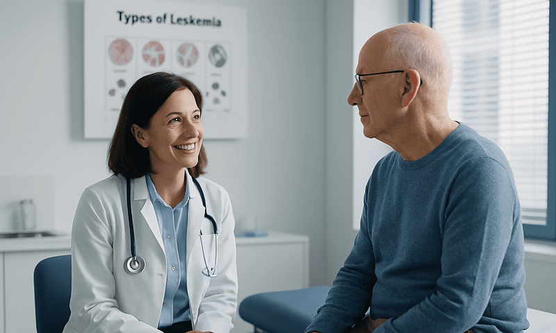 Doctor consulting with a patient in a medical office with leukemia types chart in background.