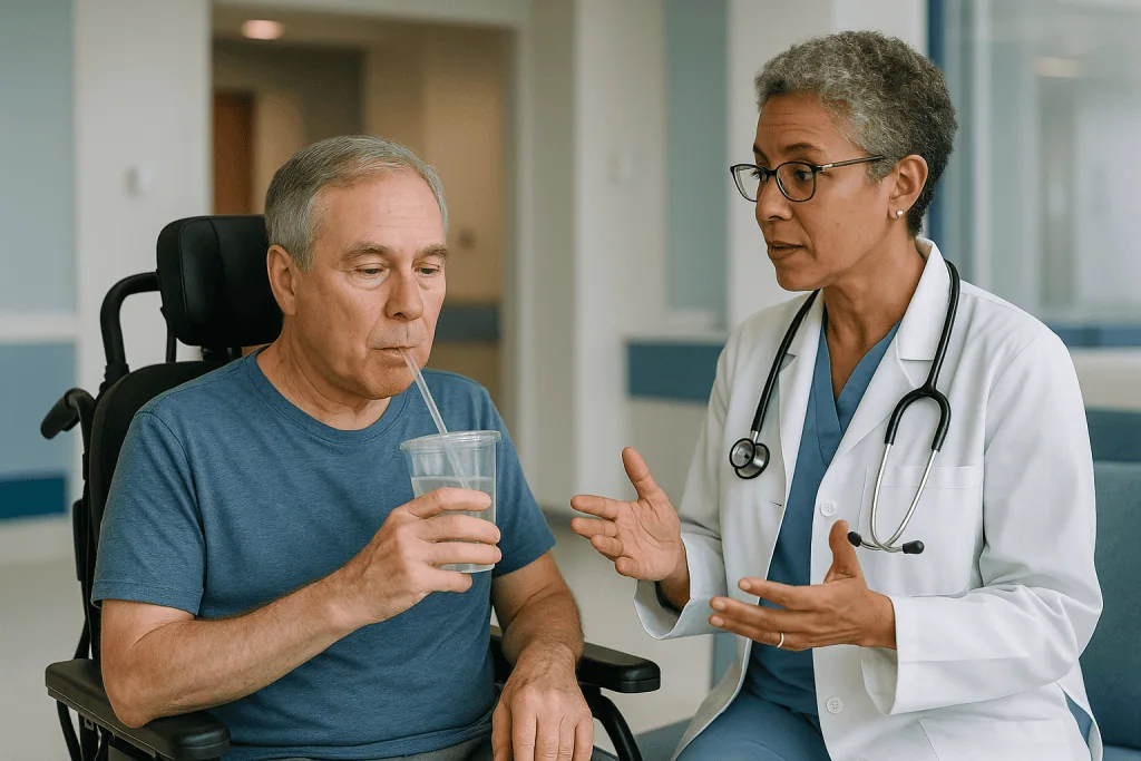 Doctor consulting with male patient holding water glass: Types of motor neuron disease compared: ALS, PLS, PMA, PBP, Kennedy
