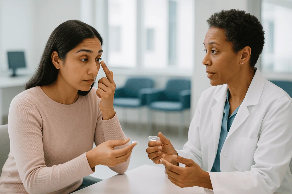 Doctor consulting with patient about eye condition: Types of pink eye and how contact lenses shift the odds