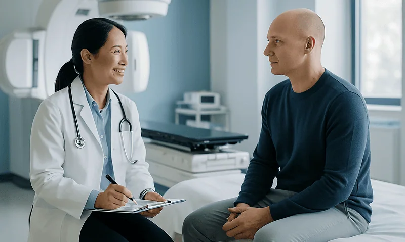 Doctor consulting with male patient in hospital room at Acibadem Hospitals.