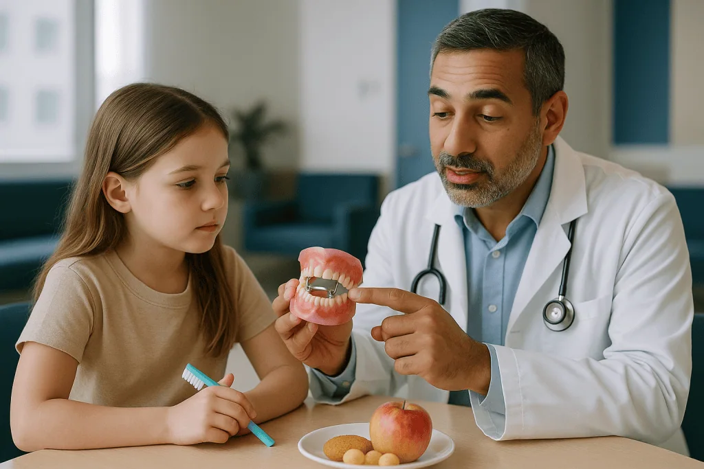 Dentist explaining space maintainer model to young patient: Types of space maintainers: a quick comparison