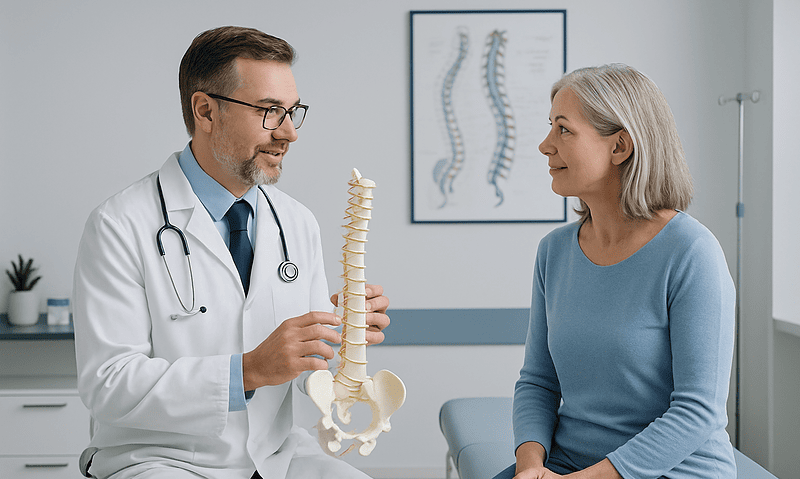 Spine surgeon explaining spinal anatomy to a patient in a clinic setting.