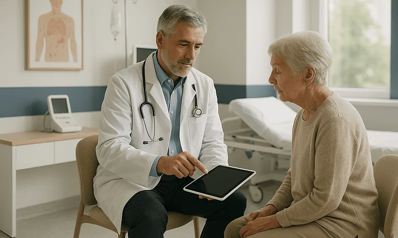 Doctor consulting with elderly patient in hospital room.
