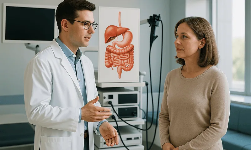 Doctor explaining digestive system to patient in medical consultation room.