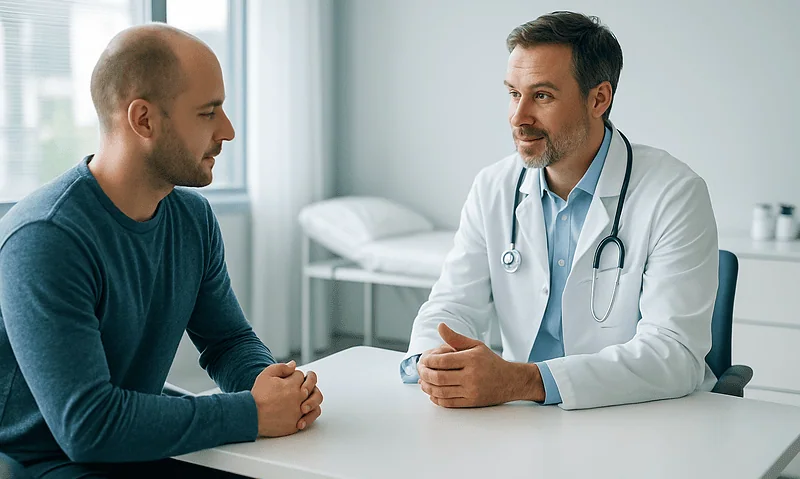 Doctor consulting with patient in a modern clinic setting.