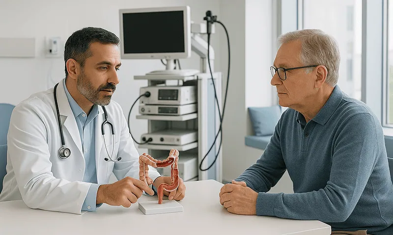 Doctor explaining ulcerative colitis to patient with colon model in clinic.