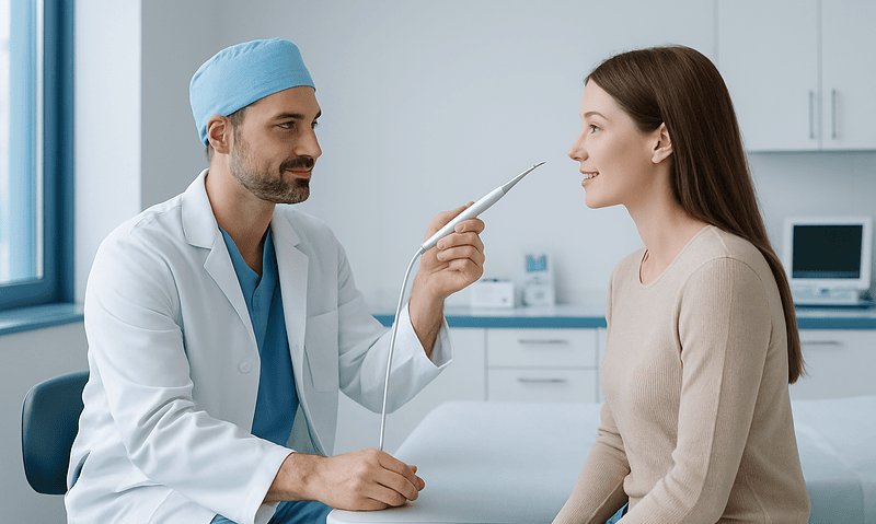 Doctor explaining ultrasonic rhinoplasty procedure to patient in clinic.