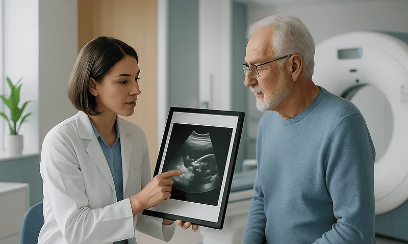 Doctor explaining ultrasound scan to elderly male patient in hospital.