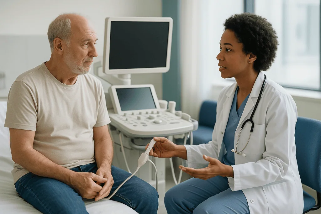 Doctor consulting male patient in clinical setting: Ultrasound, CT and the imaging question: which scan and why