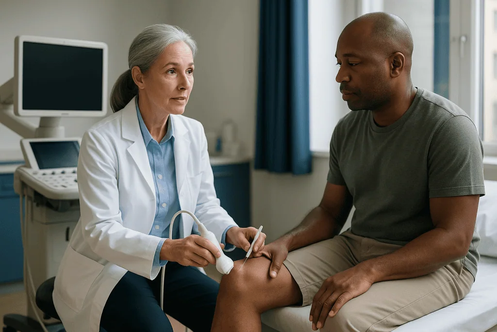 Doctor performing ultrasound-guided examination of patient knee: Ultrasound guided joint injection: what the probe is actual