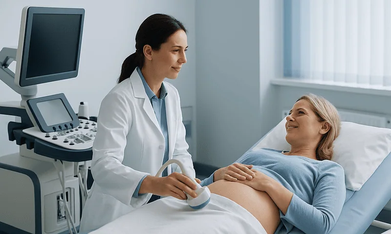 Doctor performing an ultrasound scan on a pregnant woman in a hospital room.