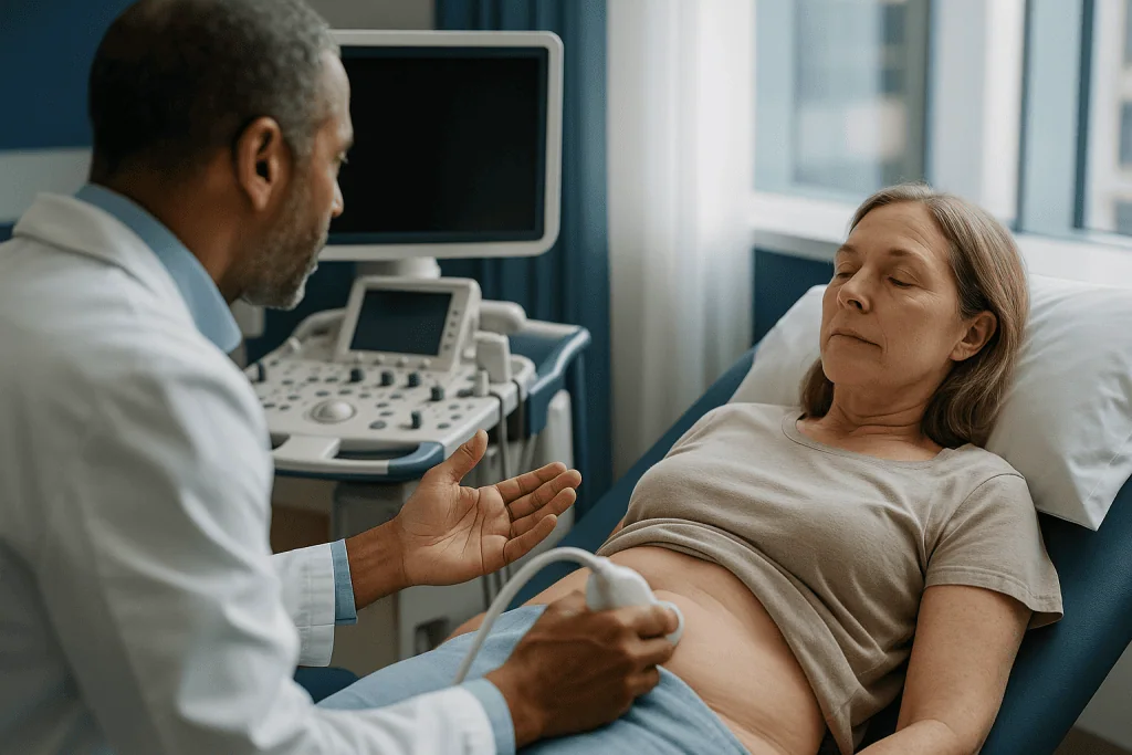 Doctor performing obstetric ultrasound on pregnant patient — Ultrasound vs CT scan: what sound waves see that X-rays miss