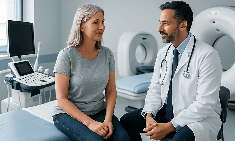 Doctor consulting with a female patient in a medical examination room.