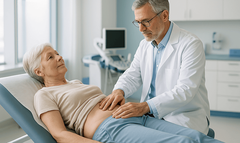 Doctor examining elderly woman's abdomen for umbilical hernia.